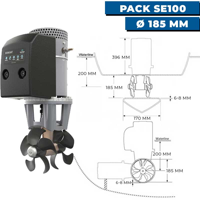 Pack propulseur d'étrave électrique SE100 Ø185 mm pour voilier de12 à 17m dimensions