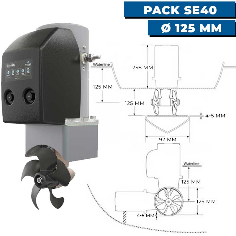 Pack propulseur d'étrave électrique SE40 Ø125 mm pour voilier de 8 à 10 m dimensions