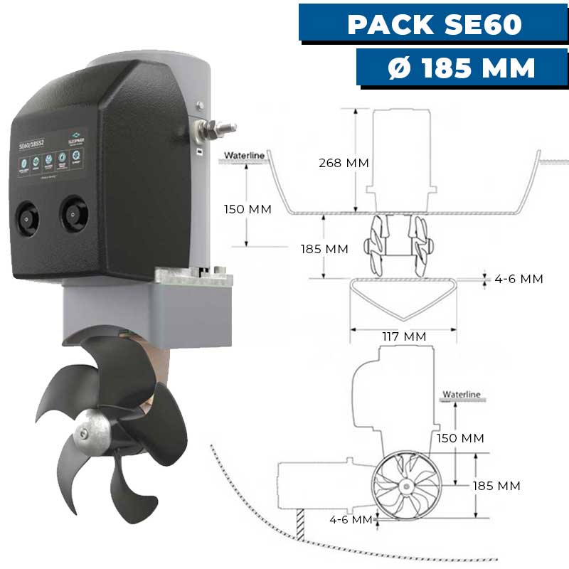 Pack propulseur d'étrave électrique SE60 Ø185 mm pour voilier de 8 à 11 m dimensions