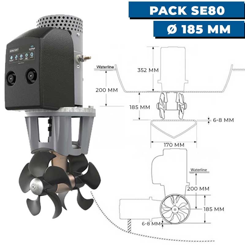 Pack propulseur d'étrave électrique SE80 Ø185 mm pour voilier de 10 à 15 m dimensions